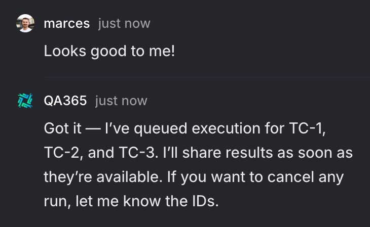 Screenshot of QA365 test execution results in Linear