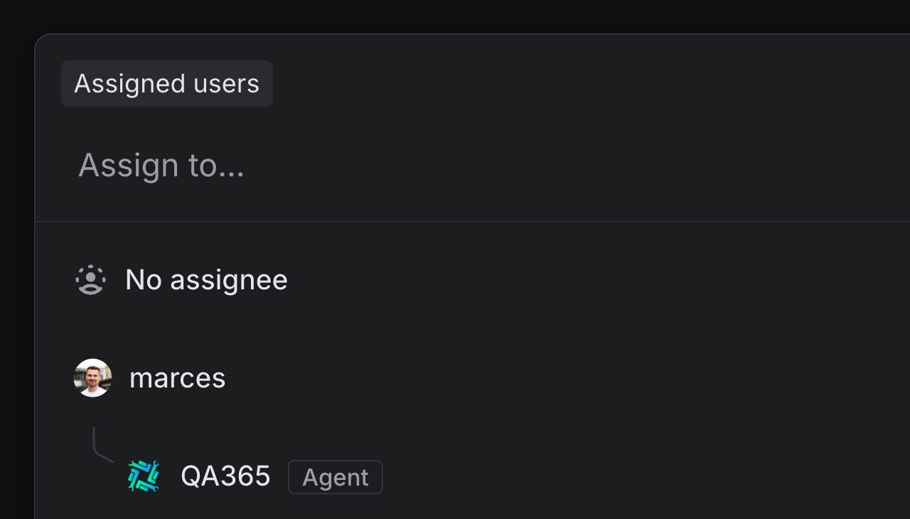 Linear assignee selection including QA365 agent option