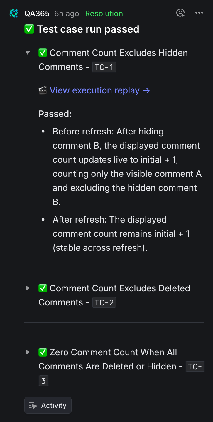 Screenshot of QA365 test execution results in Linear