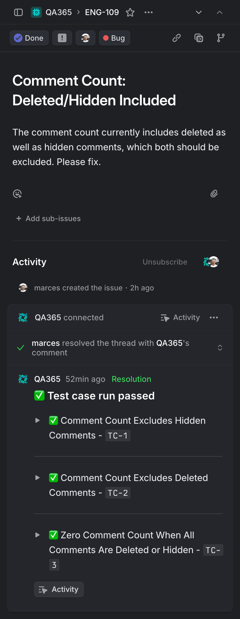 QA365 integration in Linear UI